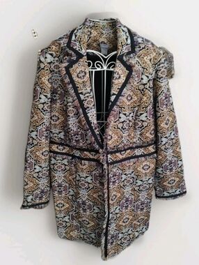 CHICOS Sz 3 (16/18) Jacquard/Metallic Fringe Jacket Lined Boho Tapestry Duster